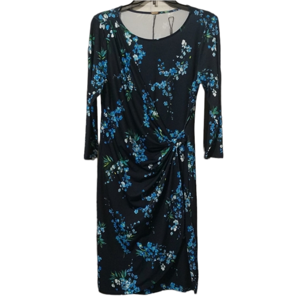 New Navy Blue Side Wrap T Tahari Dress w/Light Blue Floral Design sz 10